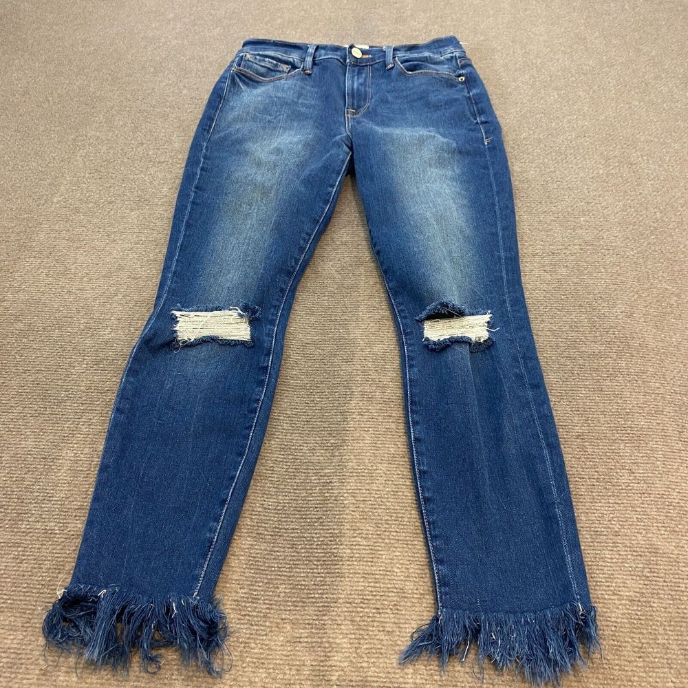 FRAME Jeans Womens 28 Blue Denim Solid Stretch Le Skinny de Jeanne Destroyed Hem
